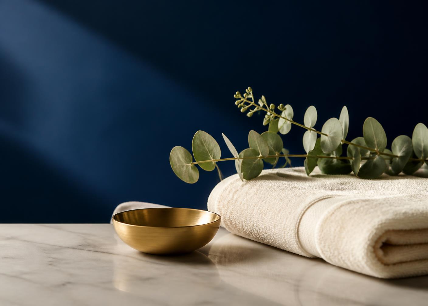 Dettaglio di marmo, ottone ed eucalipto in un ambiente spa